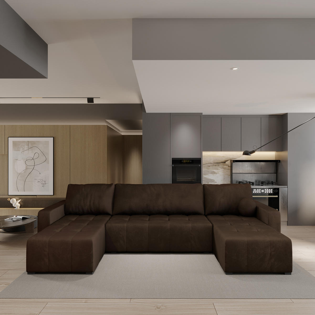 ROHOVÁ SEDAČKA TOLARI hnědá - šedá/hnědá, dřevo/textil (295/140cm) - MASSENO