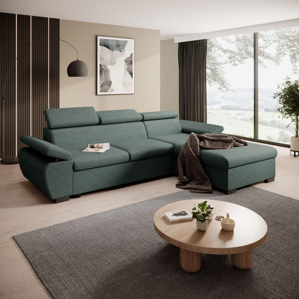 ECKSCHLAFSOFA Coco mit verstellbare Kopfstützen, dunkelgrün, rechts - Dunkelgrün, Textil (273/191cm) - Beautysofa