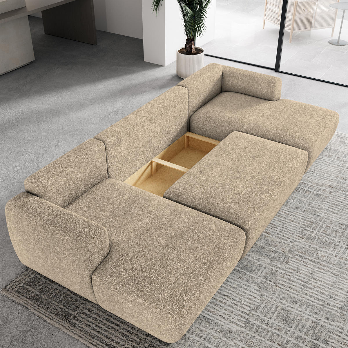 WOHNLANDSCHAFT SENTUM N Creme Boucle-Stoff mit Schlaffunktion - Creme, Holz (330/90/148cm) - MASSENO