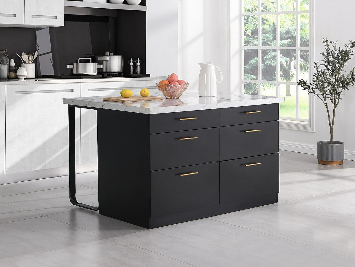 KÜCHENINSEL mit 6 Schubladen aus MDF & Metall - Schwarz & Marmor-Optik weiß - ALEGRITA - Schwarz, Holz (126/80/104cm) - Vente-Unique