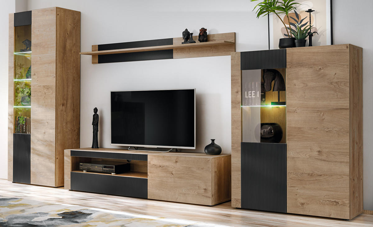 WOHNWAND Eiche, schwarz 4-teilig 350 cm, Schrankwand inklusive Beleuchtung - Eichefarben/Schwarz, Glas/Holzwerkstoff (350/197/45cm) - Inn.Furn