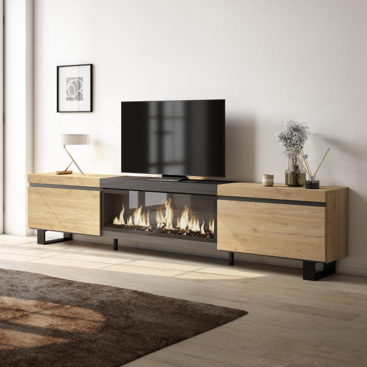 TV-SCHRANK Lowboard, Elektrokamin XXL, eiche, schwarz, 267/35/57cm - Eichefarben/Schwarz, Holzwerkstoff (267/57/35cm) - Skraut Home
