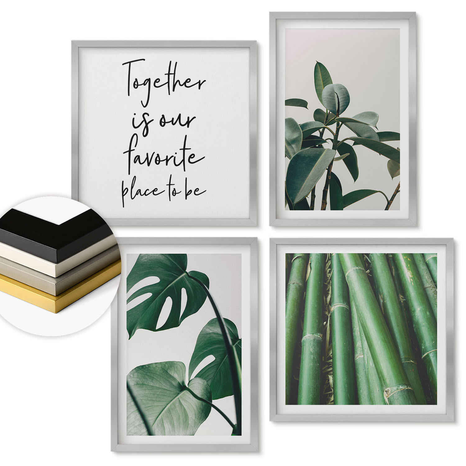 WANDBILDER 4er Set - 50x50 cm & 40x60 cm Silberner Rahmen - Bambusblätter - Silberfarben, Kunststoff (50/50cm) - ArtPrintCave