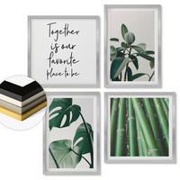 WANDBILDER 4er Set - 50x50 cm & 40x60 cm Silberner Rahmen - Bambusblätter - Silberfarben, Kunststoff (50/50cm) - ArtPrintCave