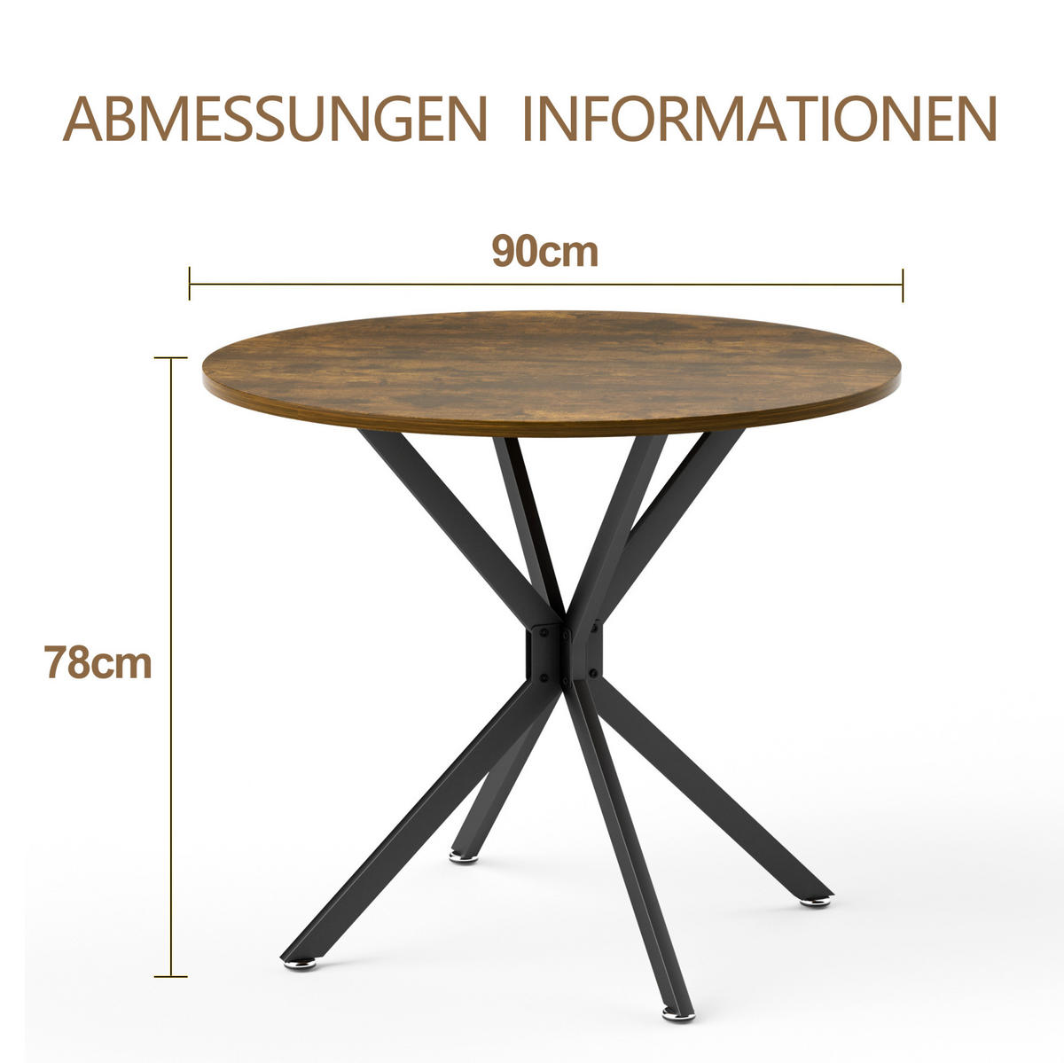 ESSTISCH 90/90/78 cm in Vintagebraun-Schwarz, rund mit Metallbeinen - Schwarz, Holzwerkstoff (90/90/78cm) - Flora Grace
