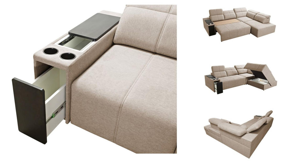 ECKSOFA Mindy VII mit Schlaffunktion und verstellbarer Rückenlehne, Stoff Verita Hellgrau Links - Hellgrau, Holz/Textil (230/288cm) - Kaiser Möbel