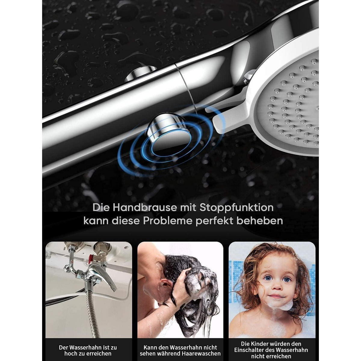 HANDBRAUSE mit Stoppfunktion Chrom 3 Strahlarten - Silberfarben, Metall (4/24.5/9cm)