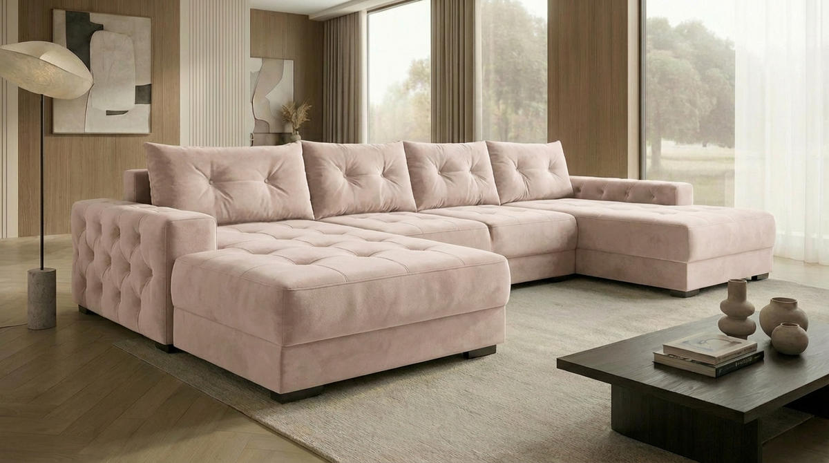 ECKSOFA MODENA 320 cm x 185 cm – Stoff: VELUTTO Beige 2 Farbe: Beige - Beige, Textil (320/185cm) - A&J MöbelLand