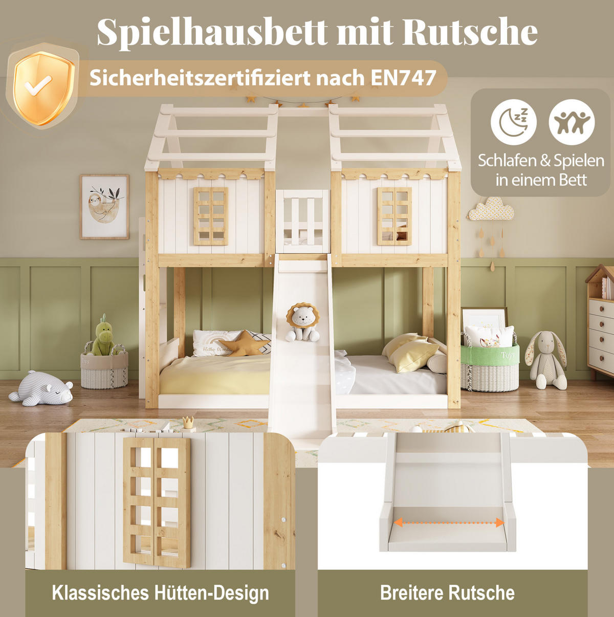 ETAGENBETT aus Holz 90x200 cm Weiß/Natur mit Rutsche und beidseitig montierbarer Leiter - Weiß, Holz (90/200cm) - Modfu