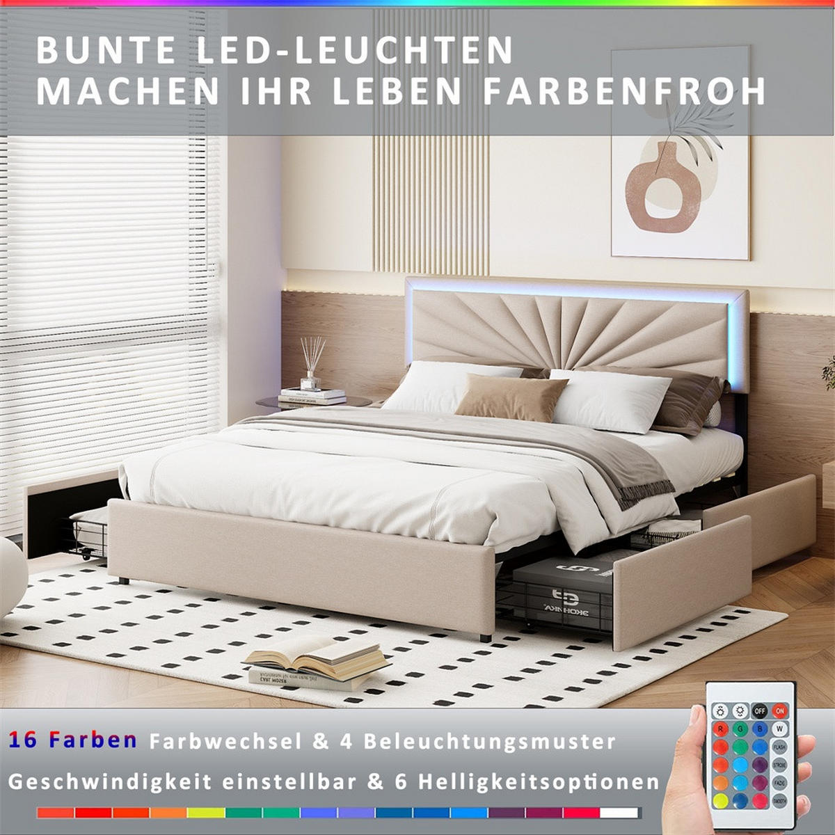 POLSTERBETT 160x200 cm - mit LED-Kopfteilbeleuchtung und 4 ausziehbaren schubladen - ohne Matratze - Beige - Beige, Textil (160/200cm) - DELFA