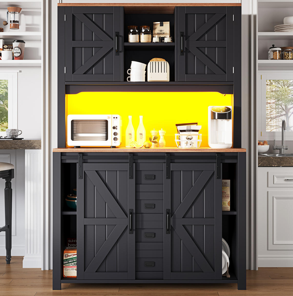 BUFFET 115/40/174,7 cm schwarz aus MDF/Metall mit LED - Schwarz, Holzwerkstoff (115/174.7/40cm) - OKWISH
