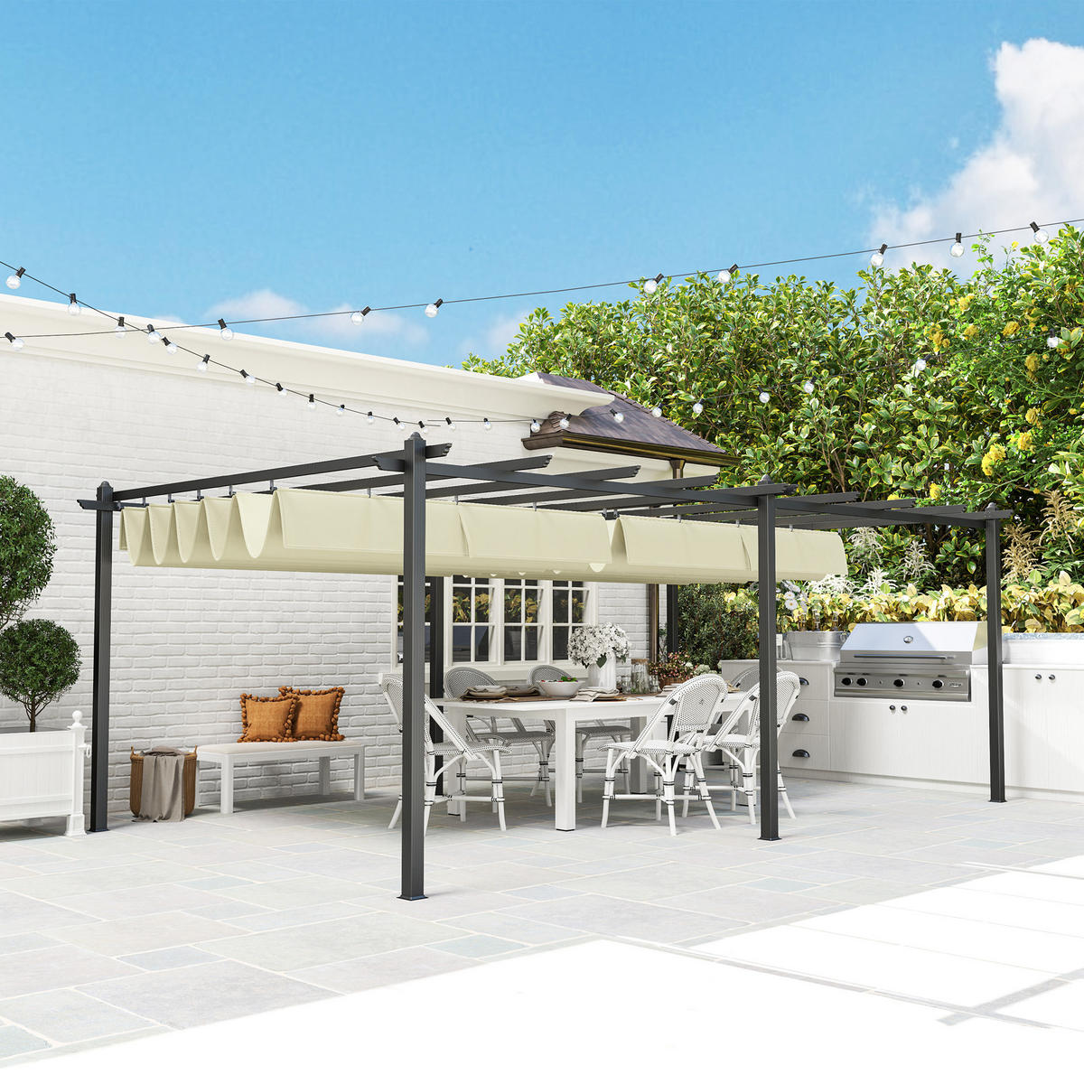 PERGOLA DE-12645 350/600 cm ausziehbar mit Alurahmen Beige - Beige, Metall (358/223/597cm) - ComfortXL