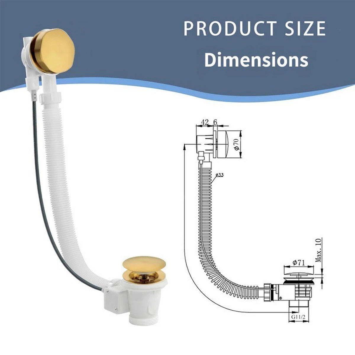 BADEWANNENABLAUF – (Gold – 70 cm) - Weiß, Kunststoff (40/8/18.5cm)