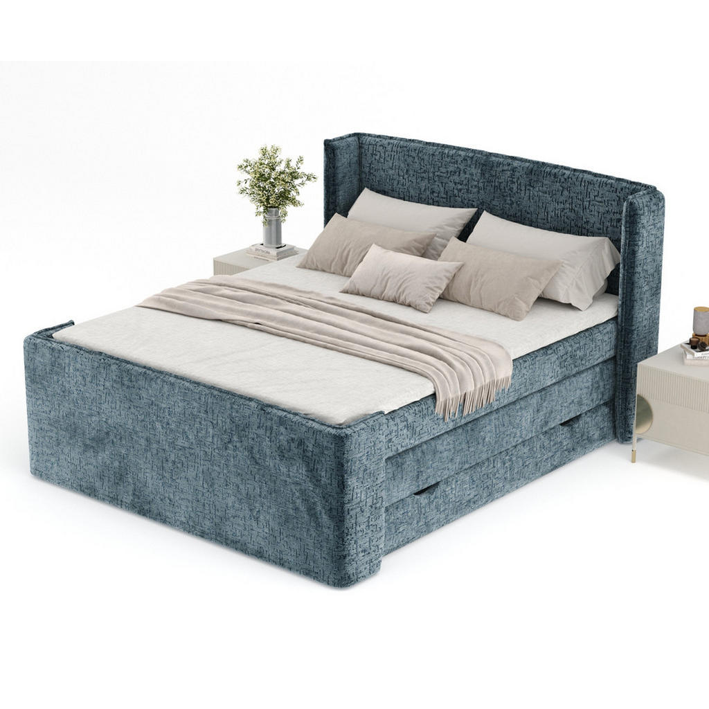 Thumbnail - Maison de Reve Boxspringbett, Blaugrau, Textil, Buche, Kiefer, H3, Höhe ca. 37 cm, 140x200 cm, Oeko-Tex® Standard 100, F...