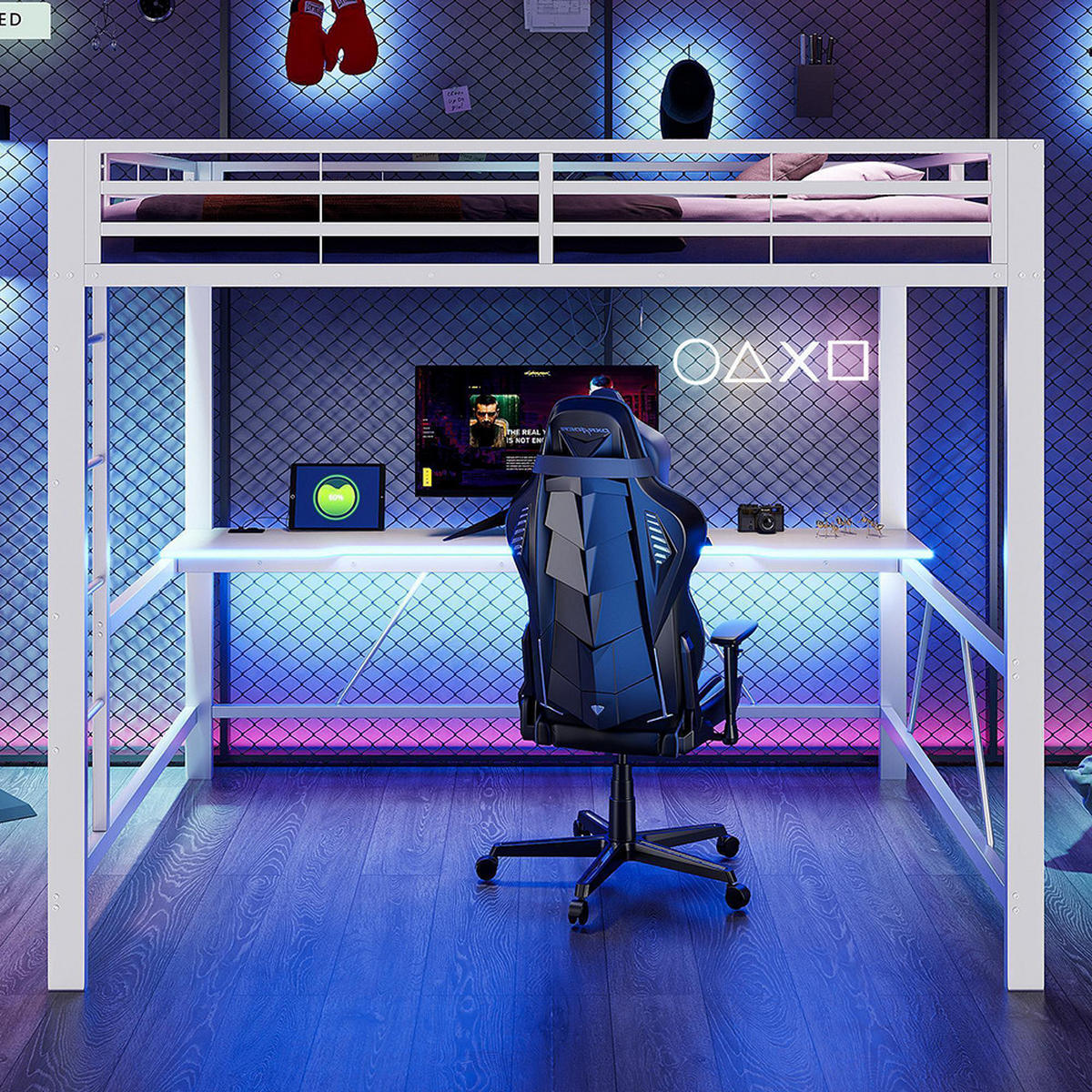 METALLBETT 160x200 cm mit Schreibtisch in Weiß - Weiß, Metall (160/200cm) - KOMHTOM