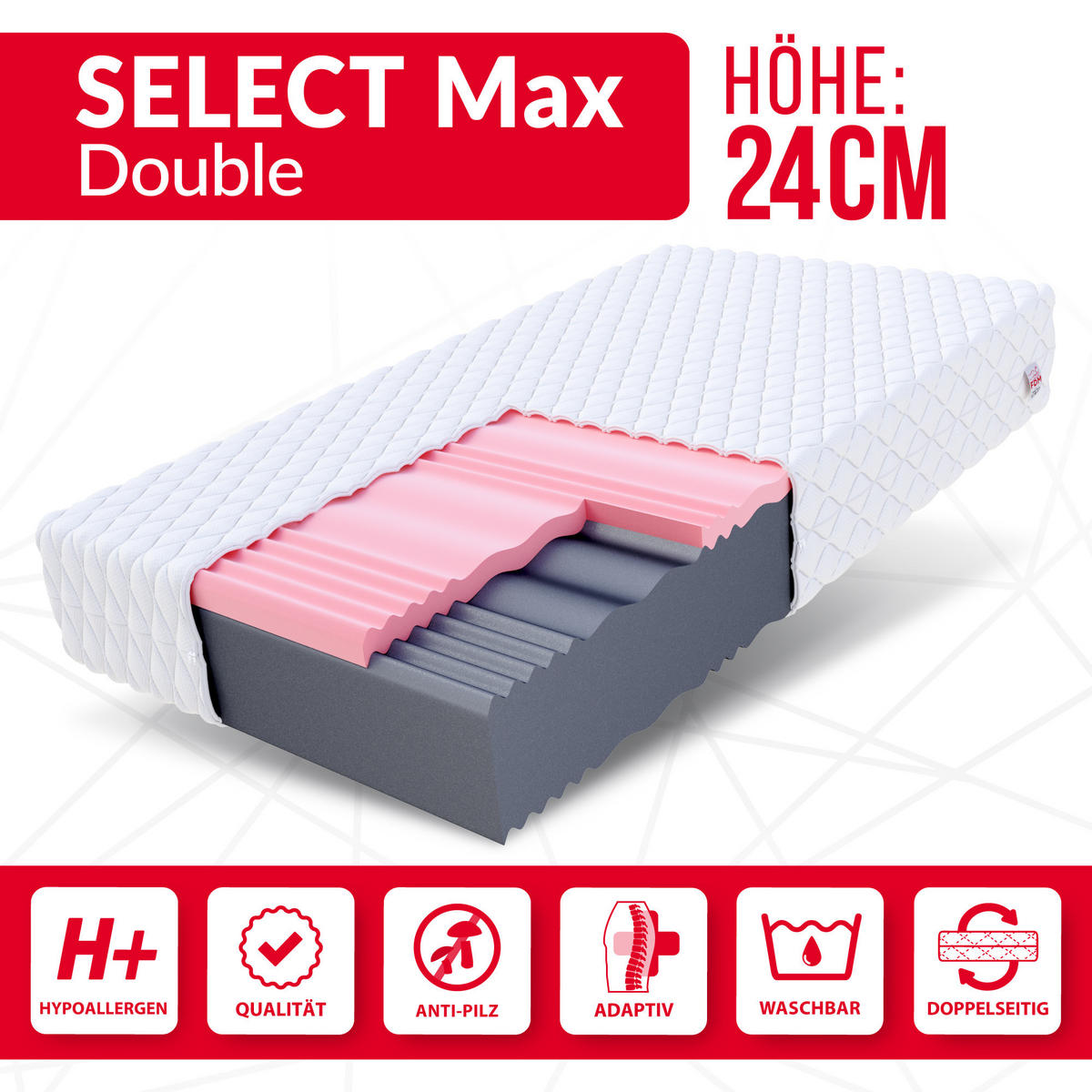 KALTSCHAUMMATRATZE Selectmaxdouble H3 H4 24 cm - Weiß, Textil (80/200cm) - FDM