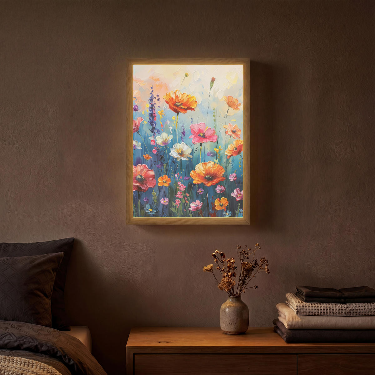 NÁSTĚNNÁ LAMPA S AKUMULÁTOREM Květiny - Příroda - Akvarel - Umění 30x40 cm - různobarevná, kompozitní dřevo (30/40/8cm) - OnlyWow