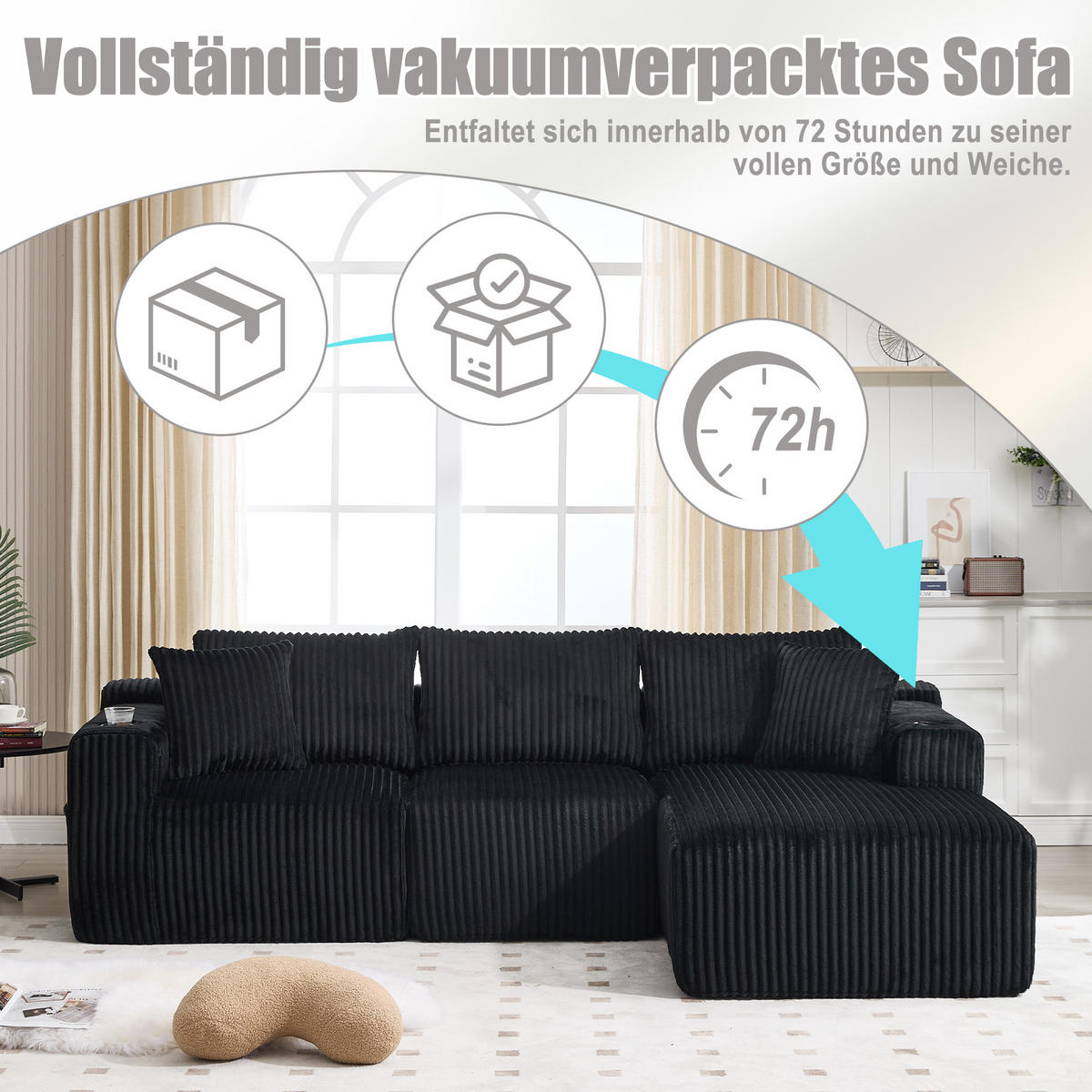 MODULARES Sofa-Set Cord mit Chaiselongue und 2-Sitzer Taschen und Getränkehalter 257/90-160/62 cm Schwarz - Schwarz, Textil (160/257cm) - Redom