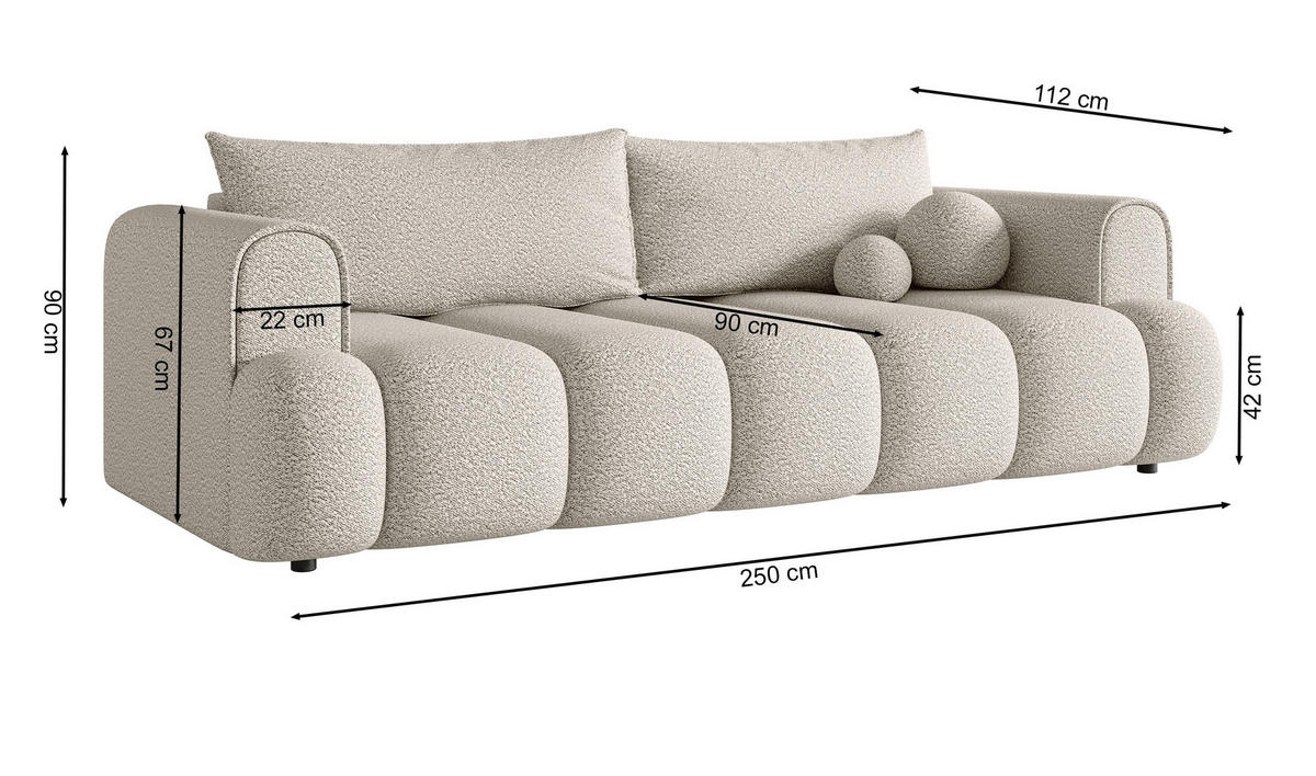SCHLAFSOFA Dandelino Cremeweiß Boucle - Creme/Schwarz, Kunststoff/Textil (250/90/112cm) - Selsey