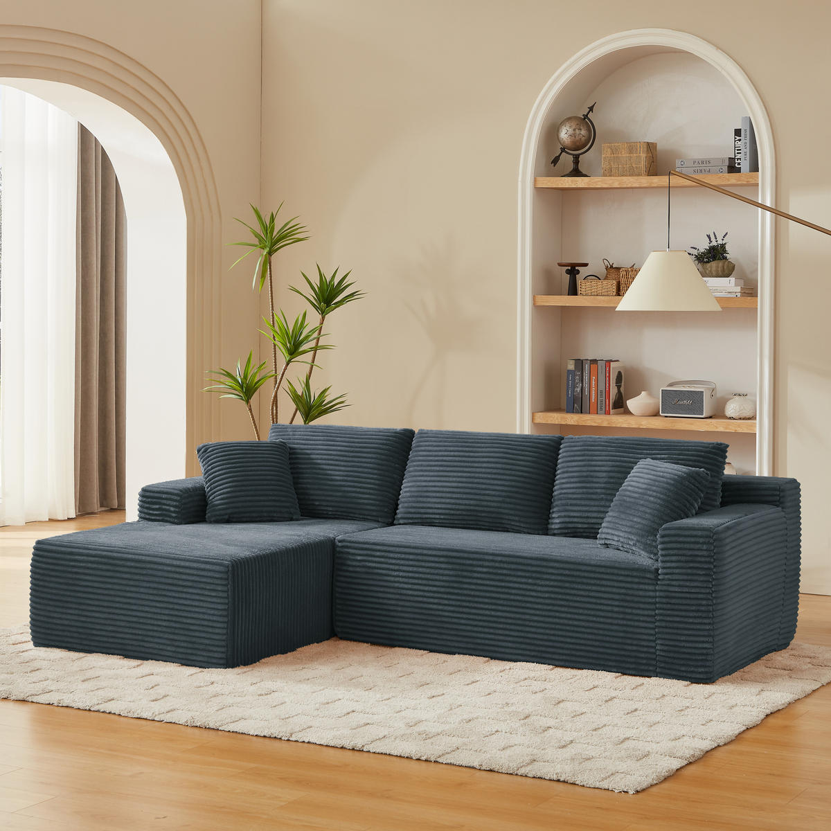 ECKSOFA Cord Dunkelgrau mit Rückenkissen und Nackenkissen - Dunkelgrau, Textil (252.5/163cm) - WISHDOR