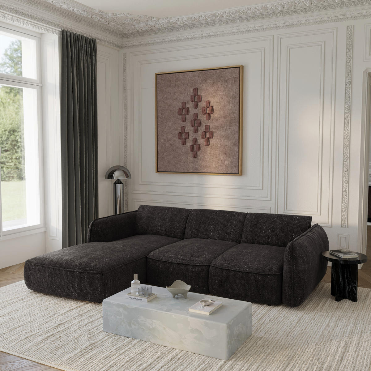 ECKSOFA RECHTS Rastervelours 274cm - Schwarz, Textil (274/174cm) - Sia Home