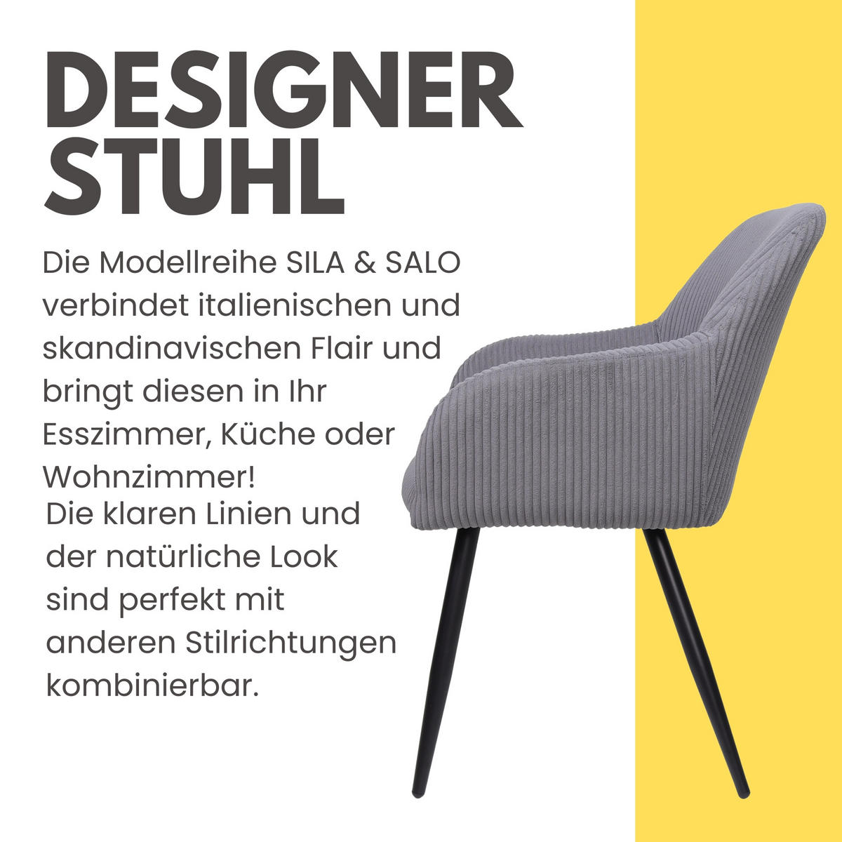 ESSZIMMERSTUHL SILA Grau 2er-Set, Cord Bezug - Grau, Textil (56/84/60cm)