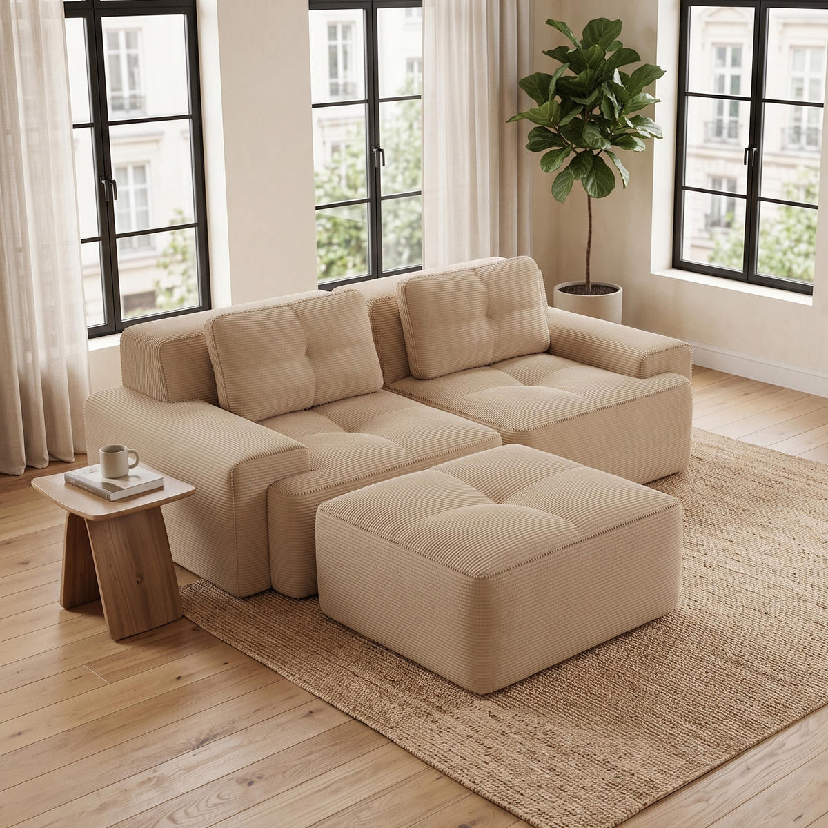 ROHOVÁ POHOVKA modulární bezrámová manšestrová pohovka 2místná - béžová, textil (204/177cm) - Urban Meuble