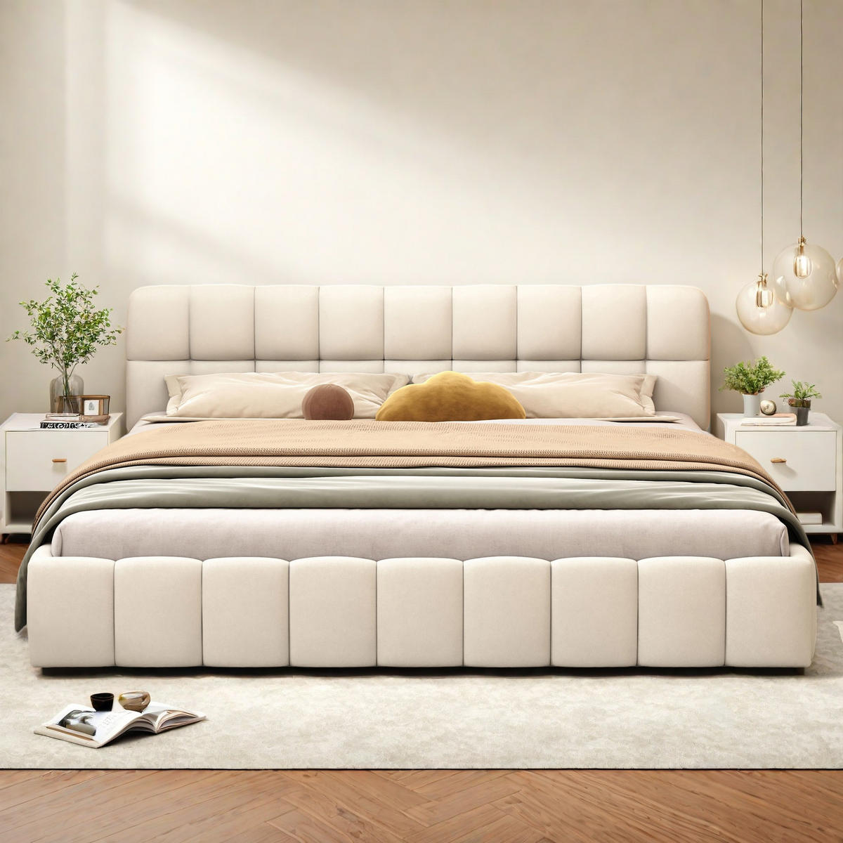 POLSTERBETT 160x200 cm Bubble Design Lattenrost Rückenlehne Leinen beige - Beige, Holz (140/200cm) - LEBENLANG