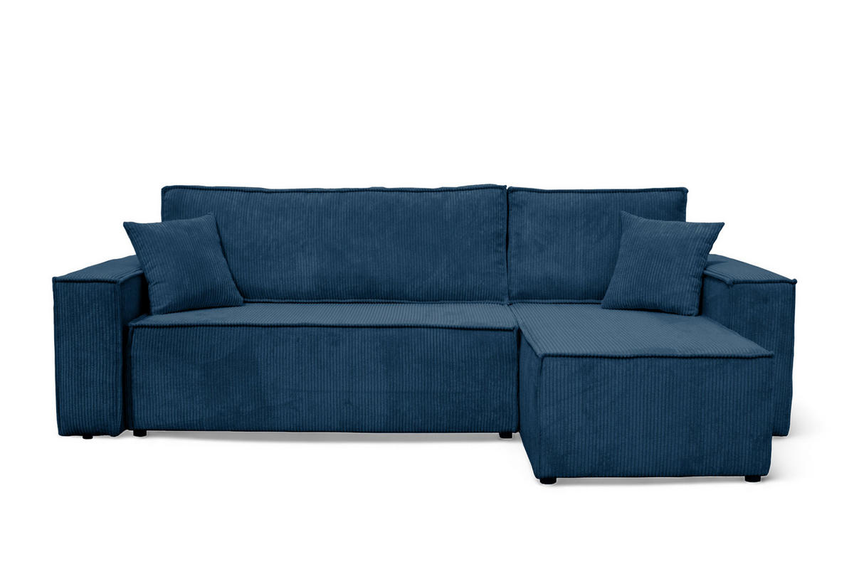 ECKSOFA Hugo L in L-Form mit Schlaffunktion und Bettkasten, Farbe: Blau, Cordstoff, Ottomane Unsiversal - Blau, Textil (244/145cm) - VENASI MÖBEL