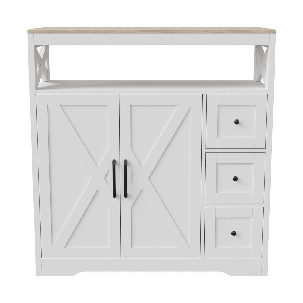 SIDEBOARD mit 3 Schubladen und 2 Türen - moderne skandinavische Optik und schwarze Griffe - Weiß und Natur - Weiß, Holzwerkstoff (100/105/40cm) - DELFA