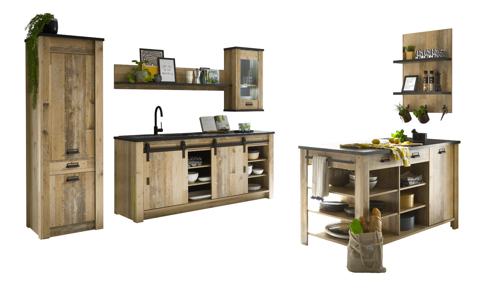 KÜCHEN-SET Used Wood hell, anthrazit, Küchenschrank Set 6-teilig mit Kochinsel - Anthrazit/Schwarz, Glas/Holzwerkstoff (62/201/64cm) - Furn.Design