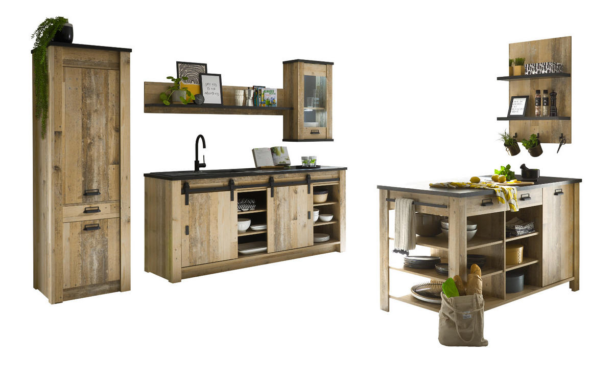 KÜCHEN-SET Used Wood hell, anthrazit, Küchenschrank Set 6-teilig mit Kochinsel - Anthrazit/Schwarz, Glas/Holzwerkstoff (62/201/64cm) - Furn.Design
