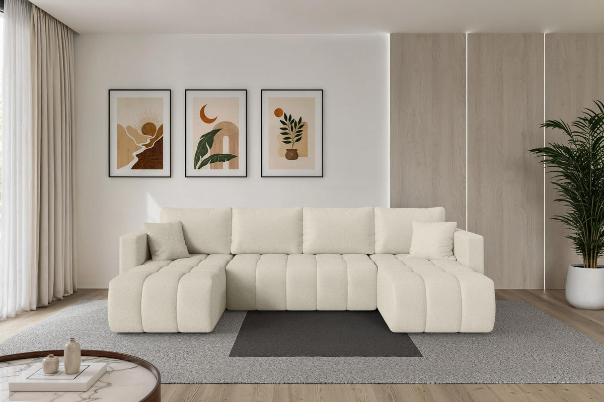 SEDACÍ SOUPRAVA DO U s funkcí spaní a úložným prostorem GARD-U 300x146x85 béžová bouclé - černá/písková barva, kompozitní dřevo/textil (300/85/146cm) - ALTDECOR