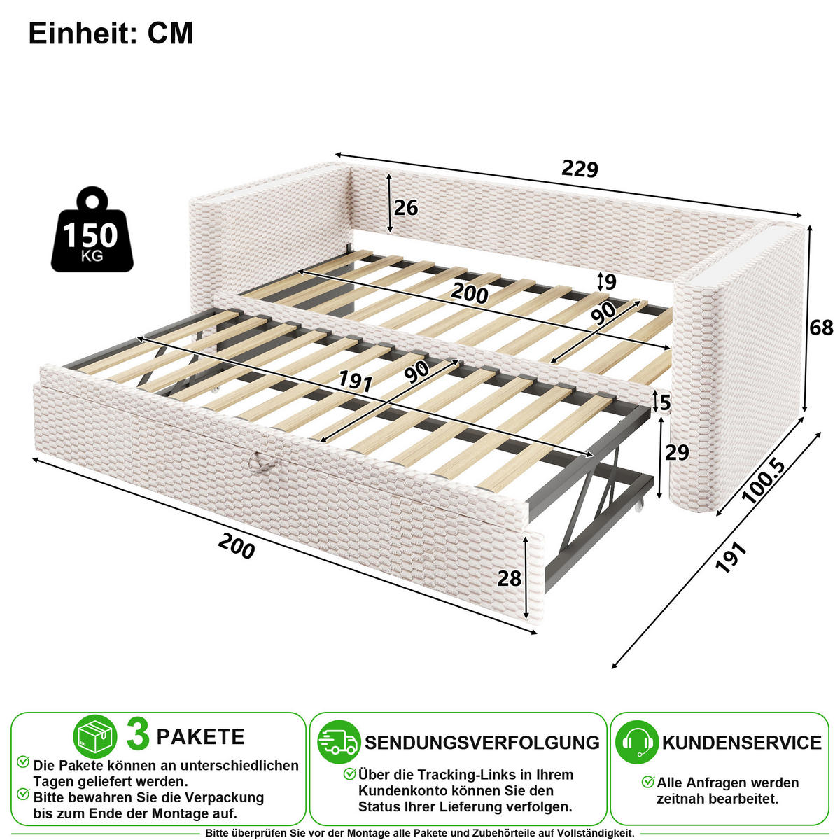 SCHLAFSOFA 90/200 cm & 90/190 cm in Beige Samt mit LED und Ausziehfunktion - Beige, Holzwerkstoff/Textil (90/200cm) - CHICFURN