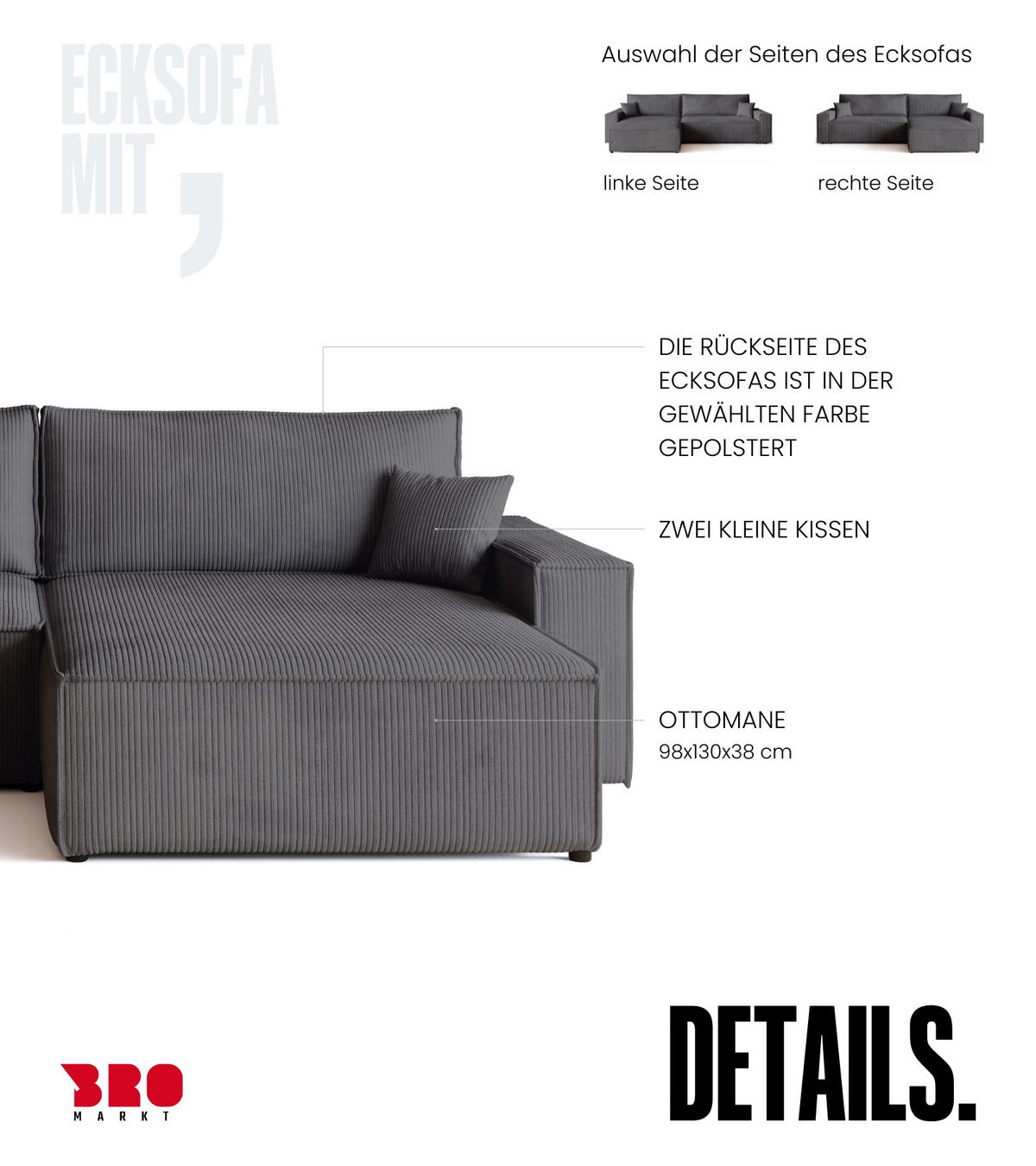 ECKSOFA ADI XL mit Schlaffunktion Grau Cord - Grau, Textil (272/143cm) - Bromarkt