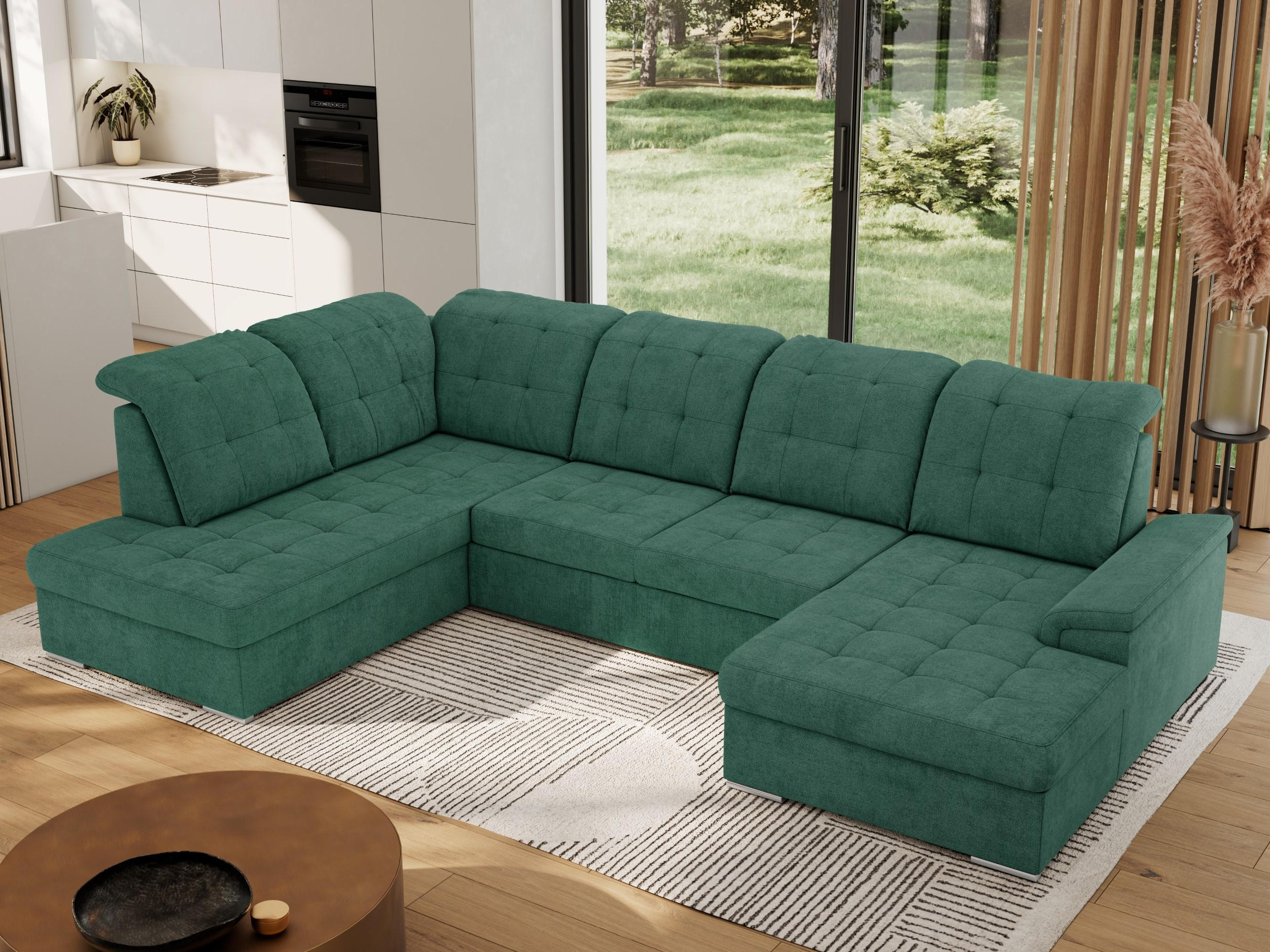 WOHNLANDSCHAFT MADRITO U - Grün Struktur - Links - Silberfarben/Grün, Textil/Metall (204/89/323cm) - MKS