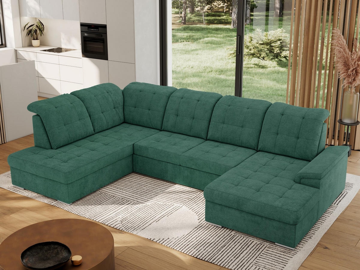 WOHNLANDSCHAFT MADRITO U - Grün Struktur - Links - Silberfarben/Grün, Textil/Metall (204/89/323cm) - MKS