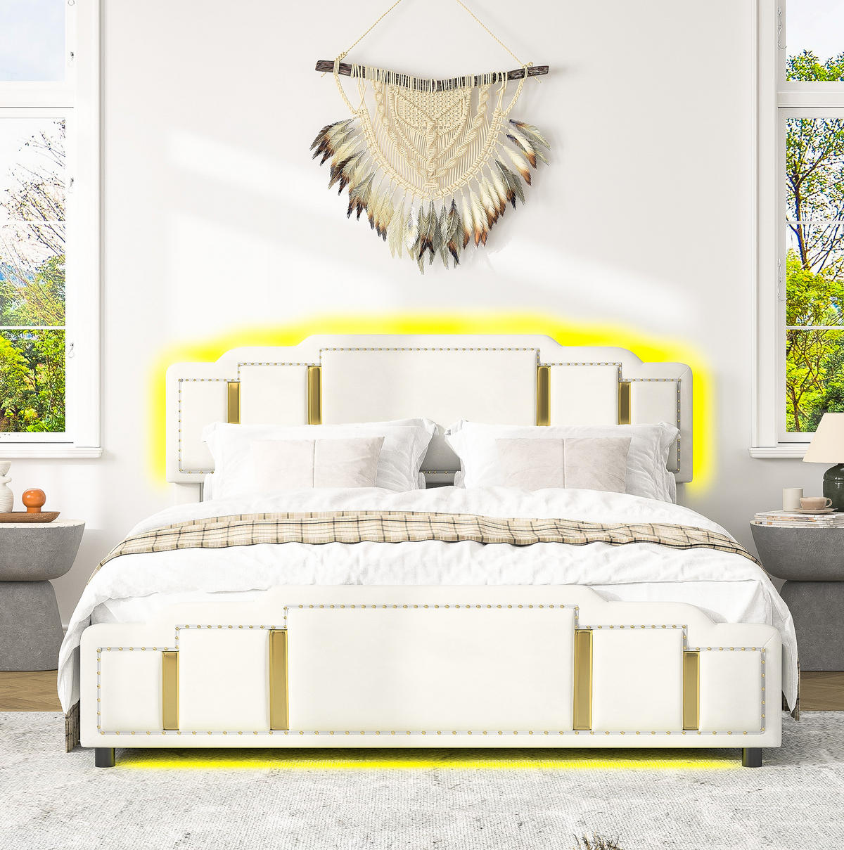 BETT mit 4 Schubladen und LED 160x200 cm Samt Beige - Beige, Metall (160/200cm) - Meubliv