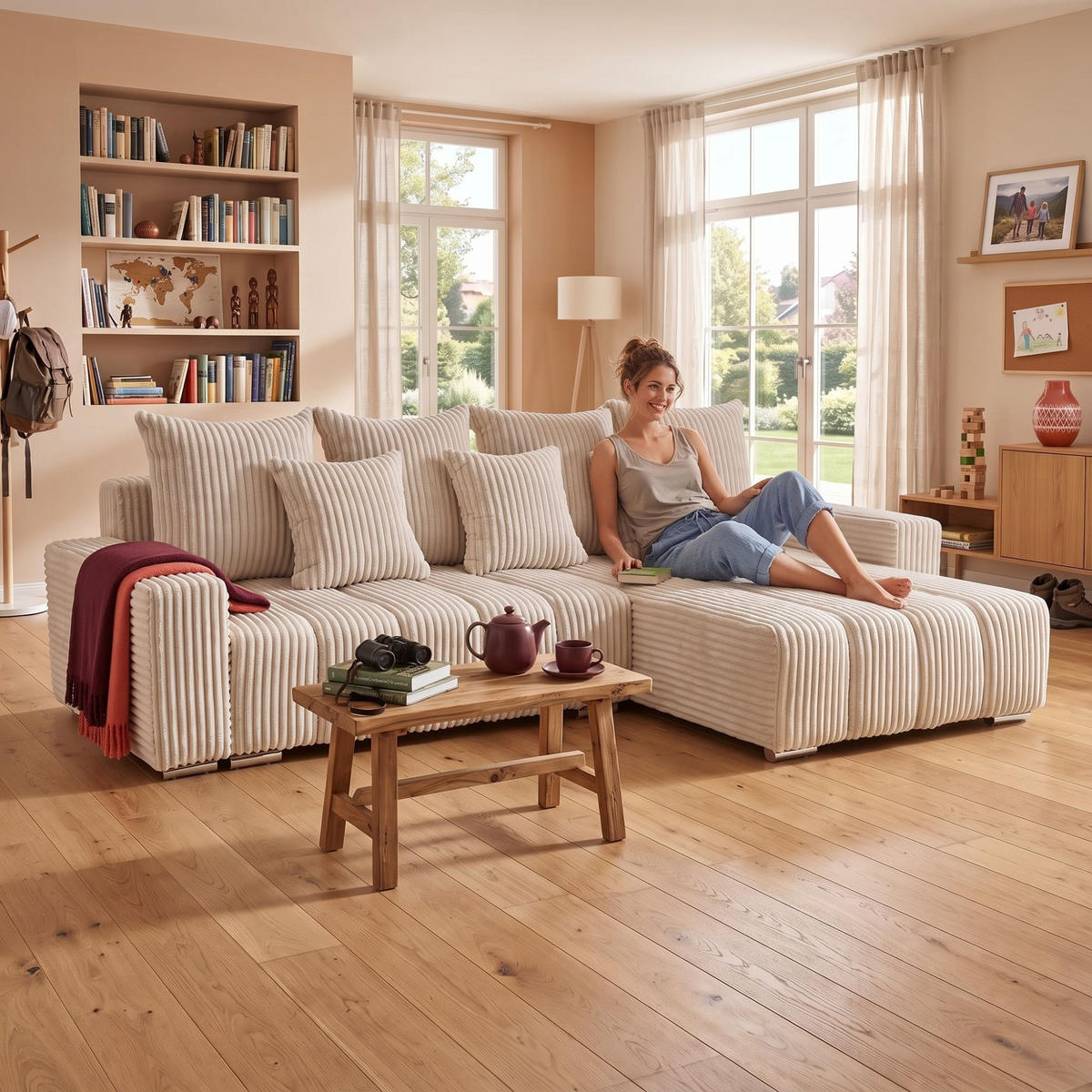 ECKSOFA PIANO L Rechts mit Schlaffunktion 137x234 Cord Creme - Silberfarben/Creme, Holz/Textil (178/278cm) - Muffo