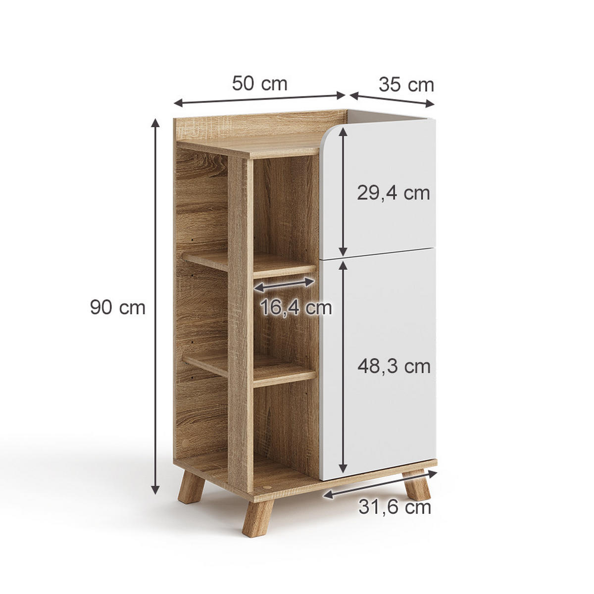UNTERSCHRANK Karen Sonoma/Weiß 50 x 90 cm mit Tür und Schublade - Weiß/Sonoma Eiche, Holzwerkstoff (50/90/35cm) - Vicco
