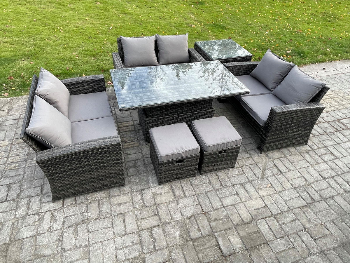 GARTEN-LOUNGE-SET HÖHENVERSTELLBARER ESSTISCH DOPPELSITZ-SOFA BEISTELLTISCHE 2 HOCKER Polyrattan Dunkelgrau Gemischt 8-Sitzer - Dunkelgrau, Metall - Fimous