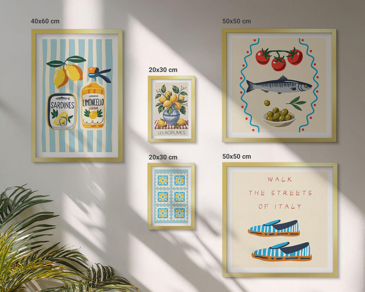 WANDBILDER 5er Set - 50x50 cm & 20x30 cm & 40x60 cm Goldrahmen - Italienische Aromen, farbenfrohe Bilder - Goldfarben, Kunststoff (40/60cm) - ArtPrintCave