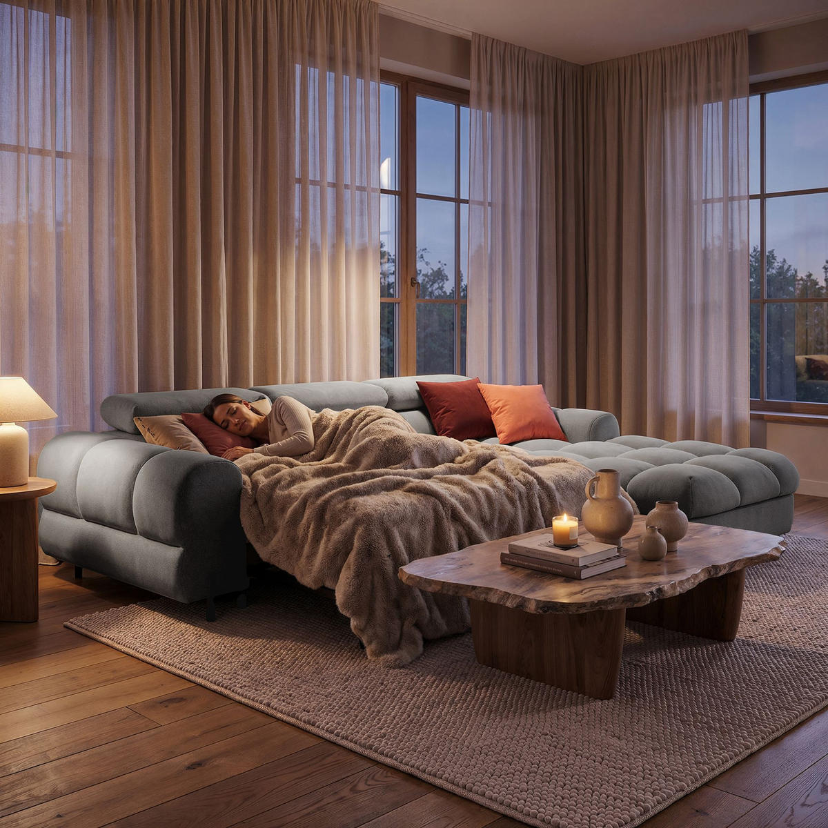 ECKSOFA UFFO L Rechts mit Schlaffunktion 260x195 Velours Hellgrau - Hellgrau/Schwarz, Holz/Textil (195/260cm) - Muffo