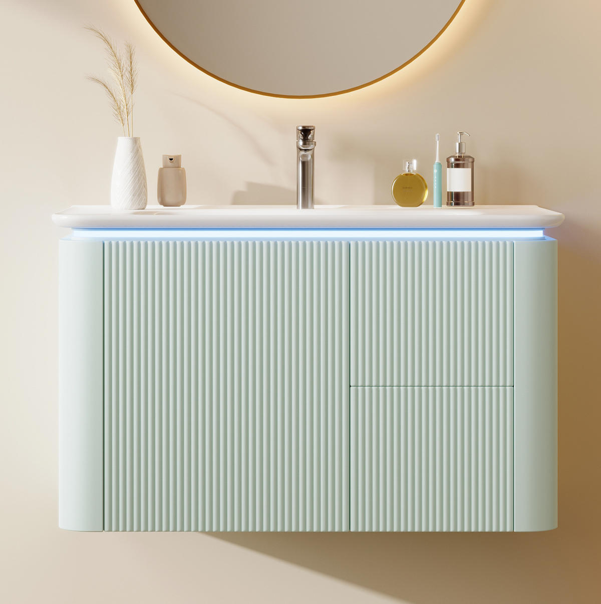 WASCHTISCHKOMBI 80,5/47,5/51 cm in Grün mit LED-Beleuchtung und 4 Schubladen - Grün, Holzwerkstoff (80.5/51/47.5cm) - Flora Grace