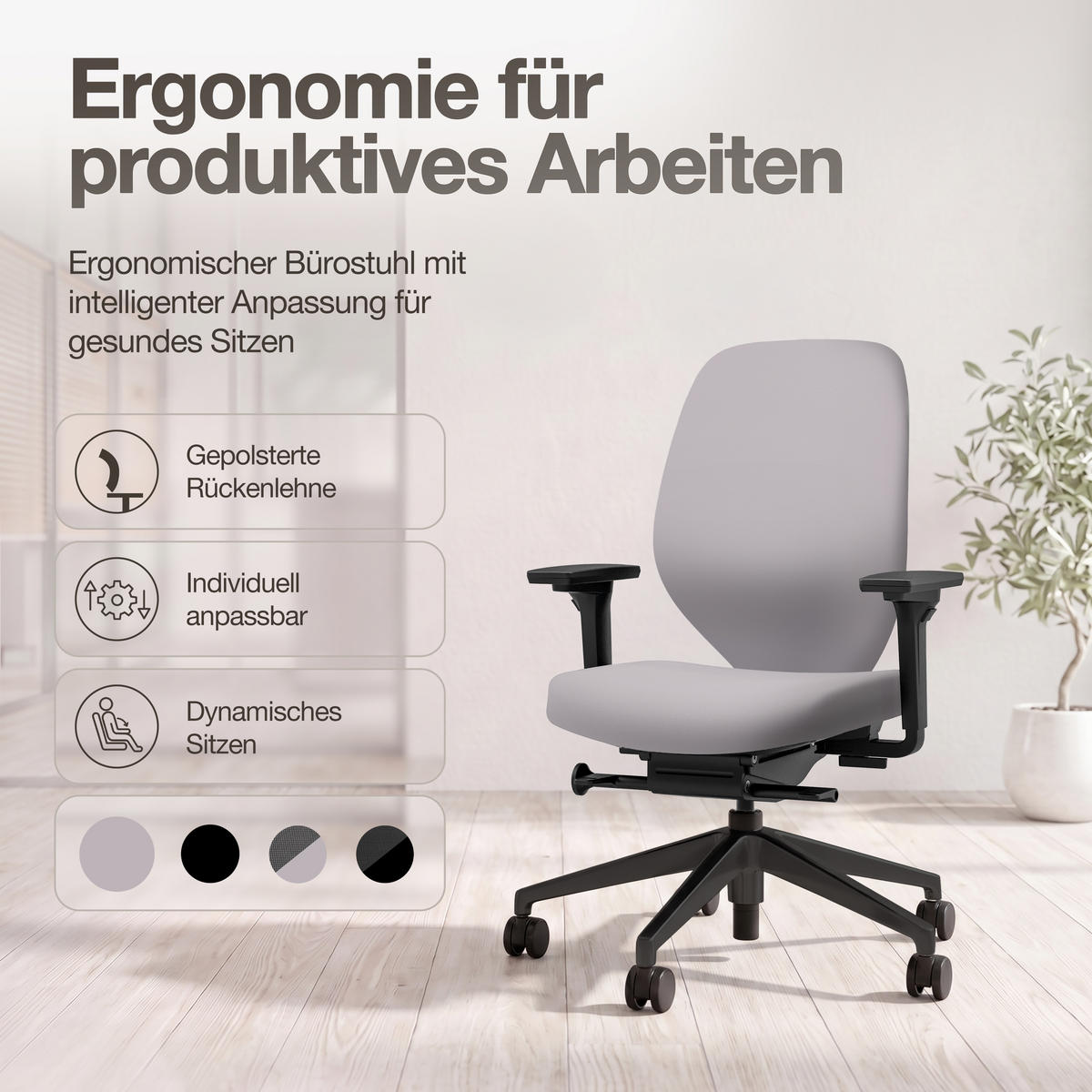 DREHSTUHL Ergonomischer Bürostuhl Atessa mit Polsterrücken in hellgrau / Keine Hellgrau Ergonomischer Polsterrücken - Hellgrau, Textil (62.5/99.8/45cm) - ASSMANN