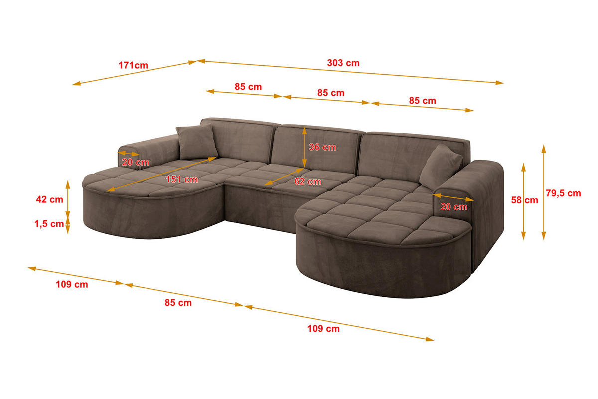 WOHNLANDSCHAFT TARO-U1 - 303x171x79,5 cm Braun - Braun, Holzwerkstoff/Textil (303/79.5/171cm) - ALTDECOR