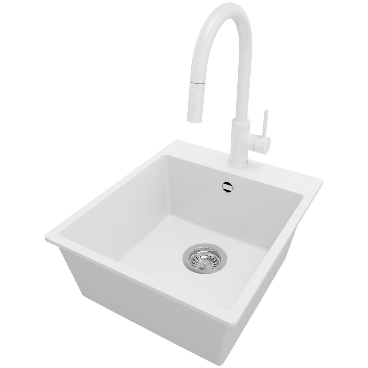 GRANITSPÜLE Riga, 2-er set Weiß 43/50 cm 1 Becken + Küchenarmatur 40/20 cm + Ablauf-Set ab 45er Unterschrank - Chromfarben/Weiß, Kunststoff (43/20/50cm) - Primagran