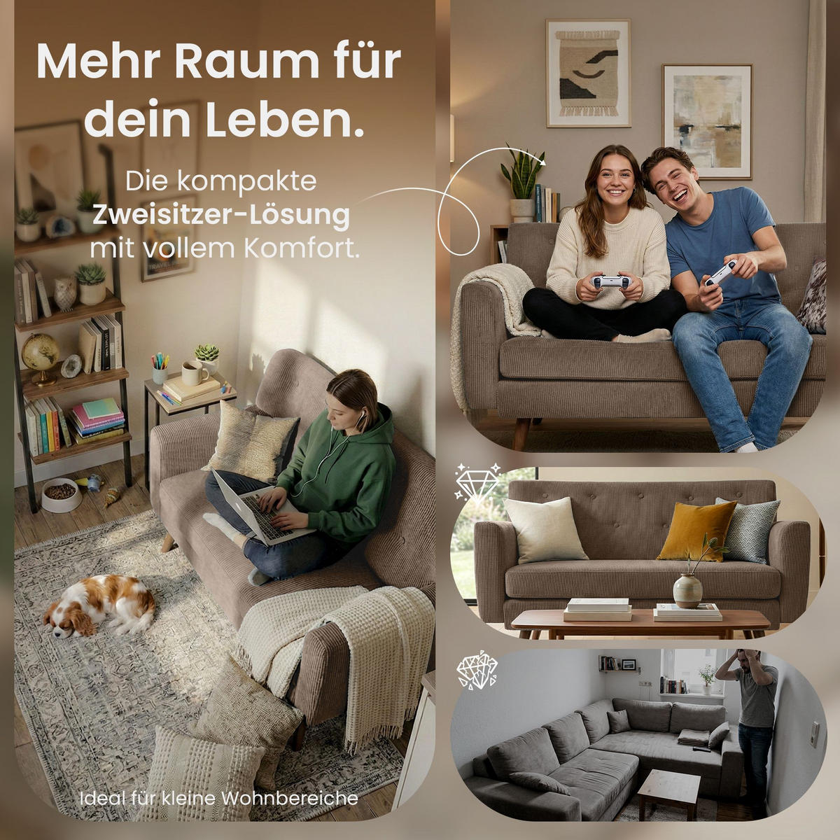 SOFA 120/74 cm Cord Taupe - Taupe/Braun, Textil (120/81/74cm) - CLP