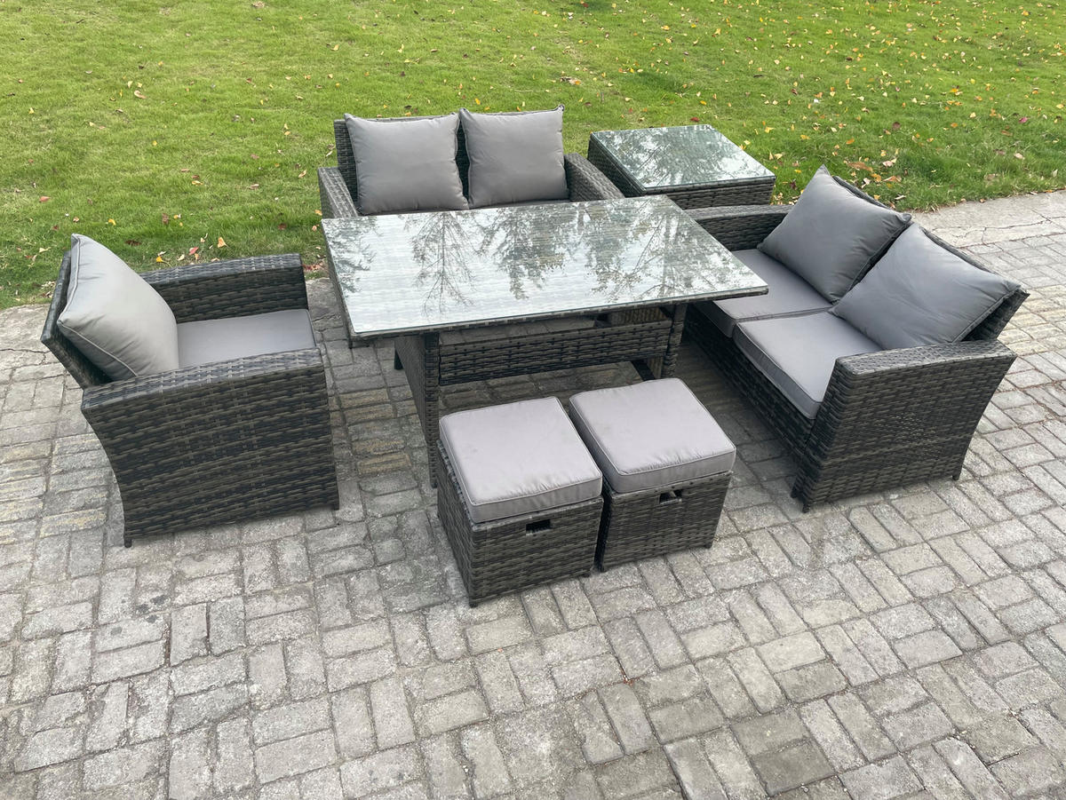 GARTENMÖBELSET mit 2-Sitzer Sofa,2 Hockern,Esstisch,Beistelltisch Polyrattan Dunkelgrau 7-Sitzer - Dunkelgrau/Grau, Glas/Kunststoff - Fimous