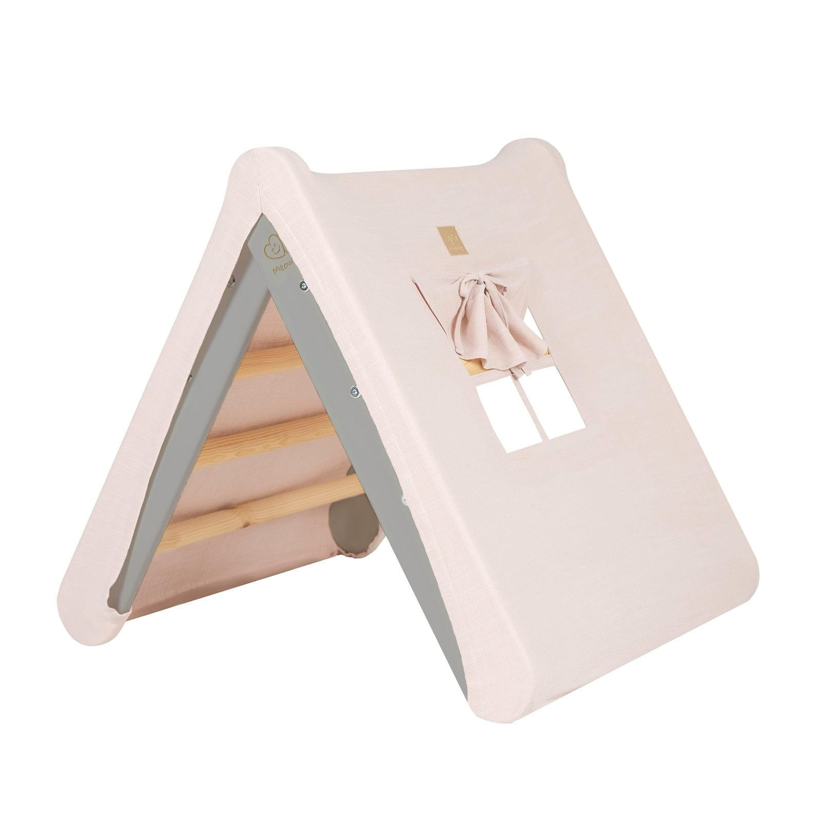 KLETTERDREIECK Haus für Kinder mit Rosa Dach, Zarter Stoff, Montessori, Grau - Rosa/Grau, Holz (59.5/59/60cm) - MeowBaby